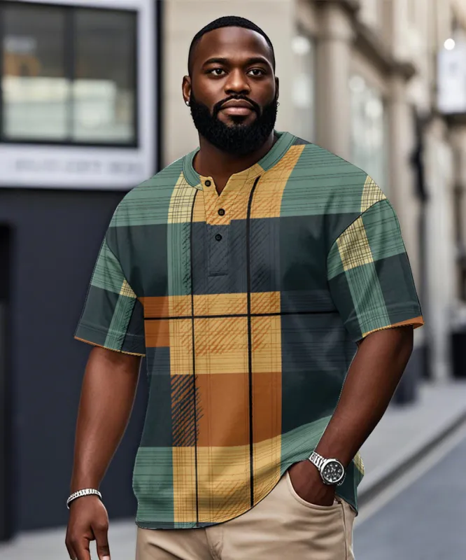 Big & Tall Men's Green And Yellow Geometric Plaid Printed Henry Collar Button Short Sleeve T-Shirt sold by Biggmans