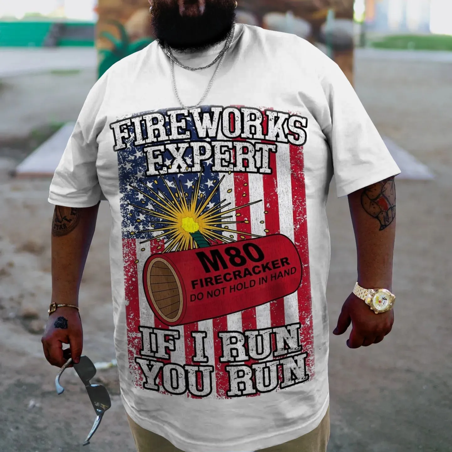 Plus Size Men'sFireworks Expert If I Run You Run T-Shirt sold by Biggmans product image thumbnail 2