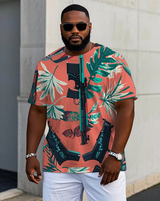 Men's Hawaiian Fashion Funny Gun and Leaves Printed Casual Short Sleeve T-shirts sold by Biggmans