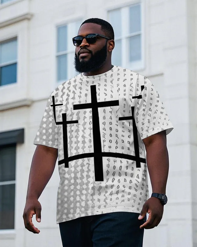 Men's Fashion Cross Gradient Geometric Pattern Printed Round Neck Short Sleeve T-shirt sold by Biggmans