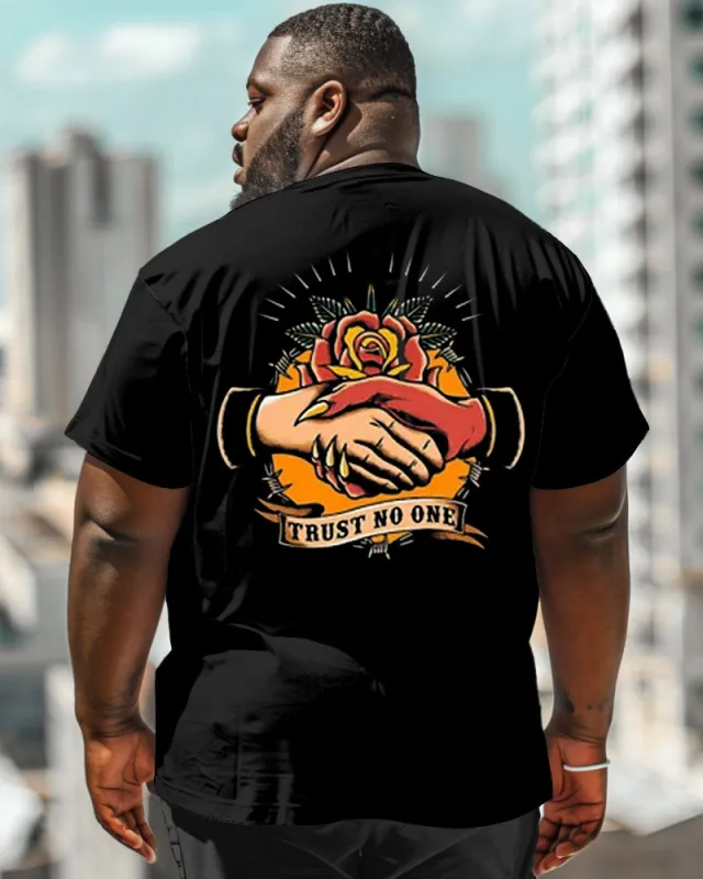 Men's Plus Size Street Fashion Trust No One Handshake Print Round Neck Short Sleeve T-Shirt sold by Biggmans