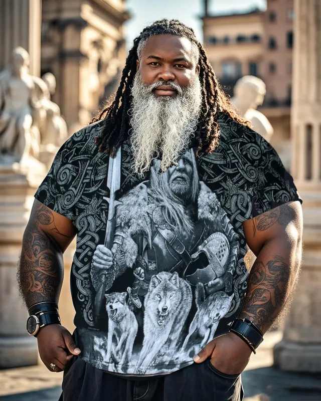 Plus Size Men's T-Shirt Viking Warrior And Wolf Buddy-Printed Front And Back sold by Biggmans