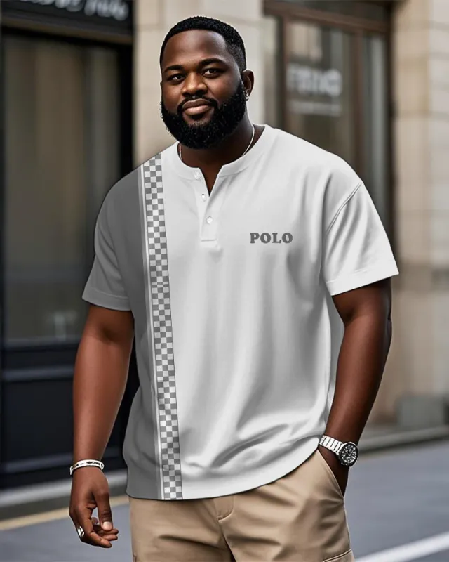 Men's Plus Size Daily Casual Gray Plaid Letter Print Henry Collar Button Short Sleeve T-Shirt sold by Biggmans