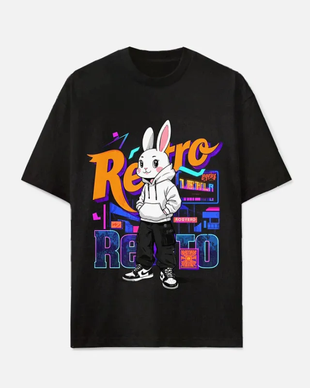Big Men's Cartoon Hoodie Rabbit Nylon RETRO  Letter Printed Casual Short Sleeve T-shirt sold by Biggmans