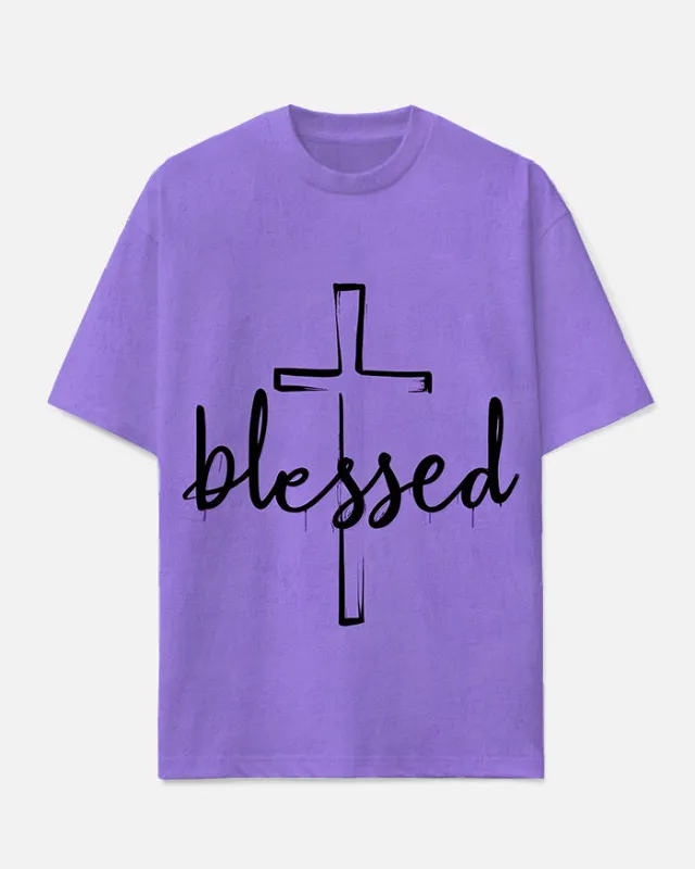 Men's Big and Tall Simple Cross Blessed Letter Printed Casual Short Sleeve T-shirt sold by Biggmans