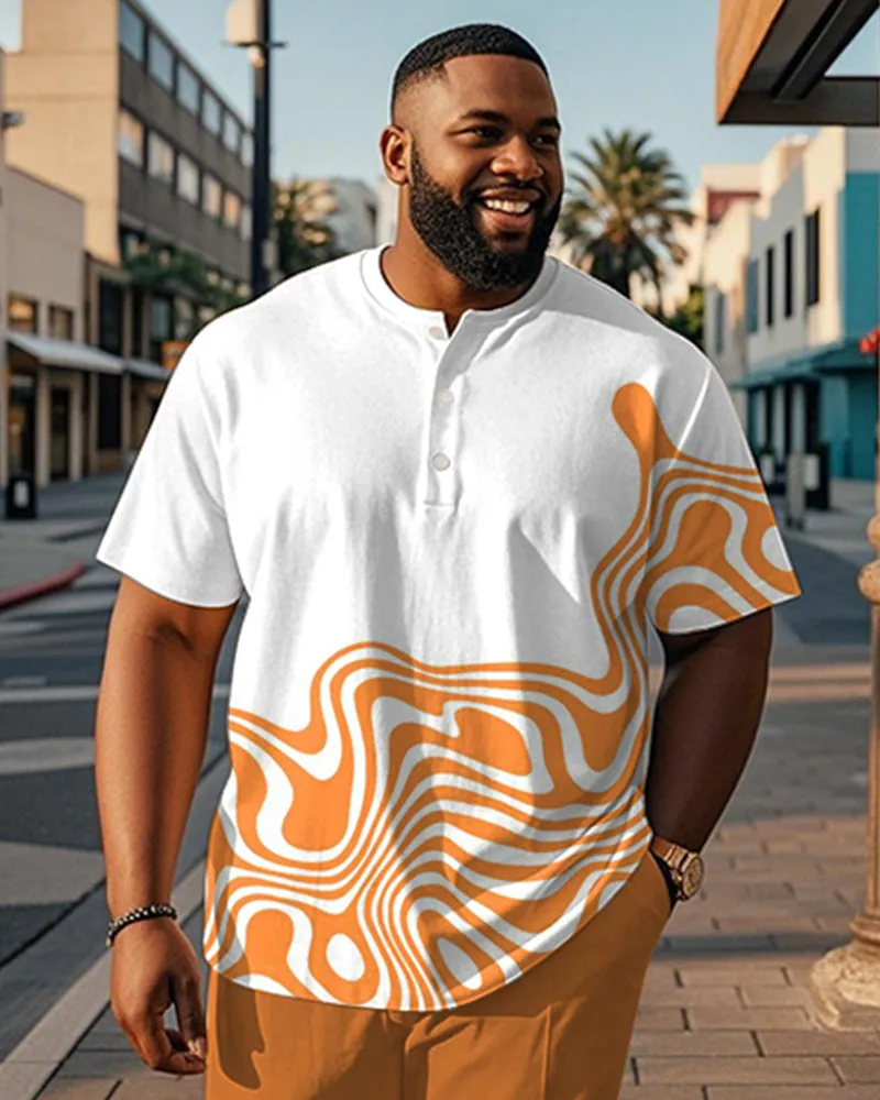 Men's Plus Size Daily Casual Orange Geometric Wave Print Henley Collar Button Short Sleeve T-Shirt sold by Biggmans
