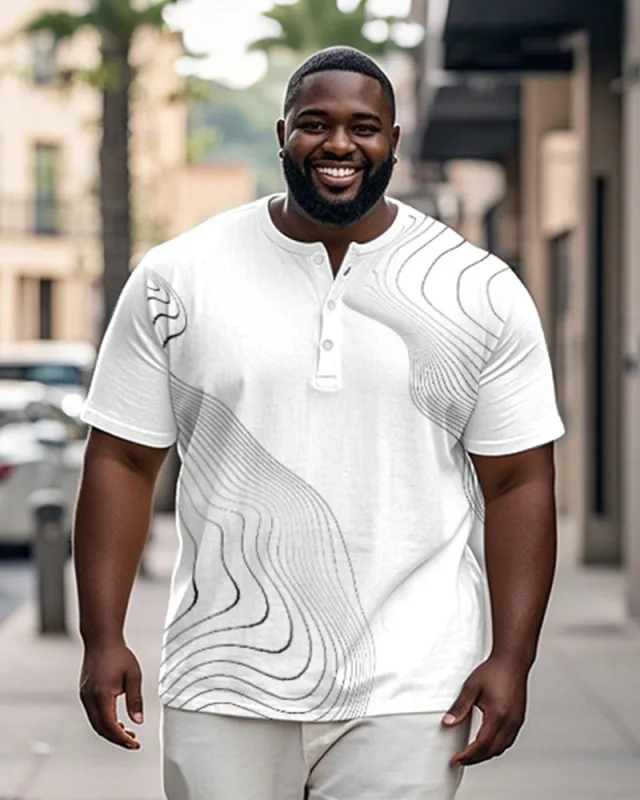 Men's Plus Size Daily Casual White Wave Line Print Henry Collar Button Short Sleeve T-Shirt sold by Biggmans