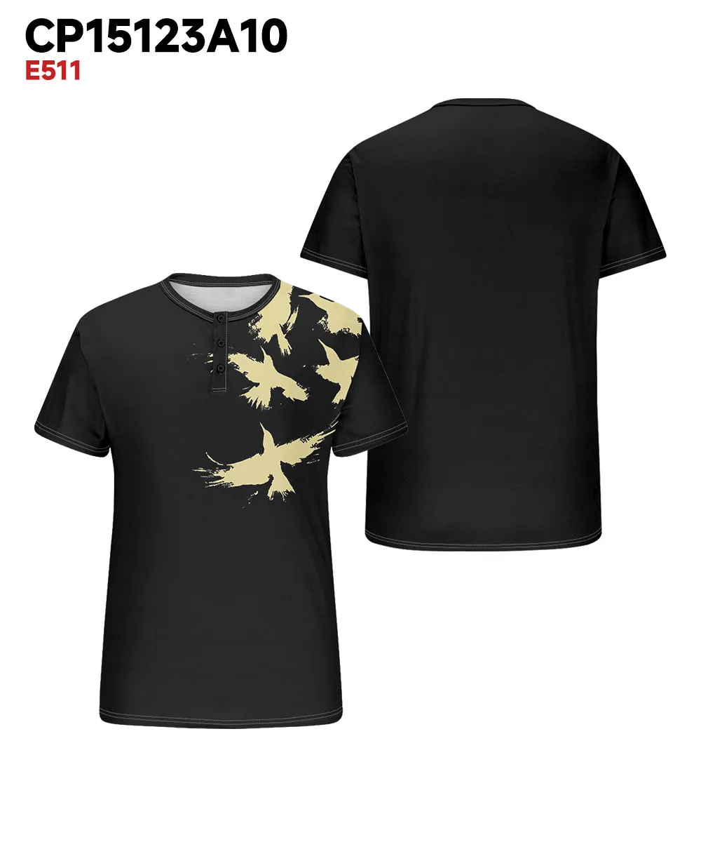 Men's Plus Size Daily Casual Black Bird Print Henry Collar Button Short Sleeve T-Shirt sold by Biggmans product image thumbnail 3