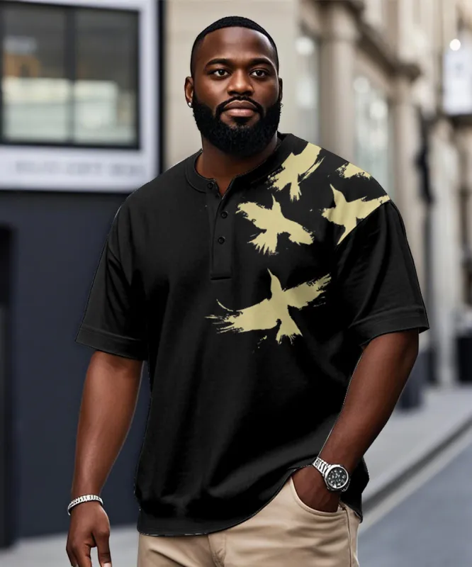 Men's Plus Size Daily Casual Black Bird Print Henry Collar Button Short Sleeve T-Shirt sold by Biggmans