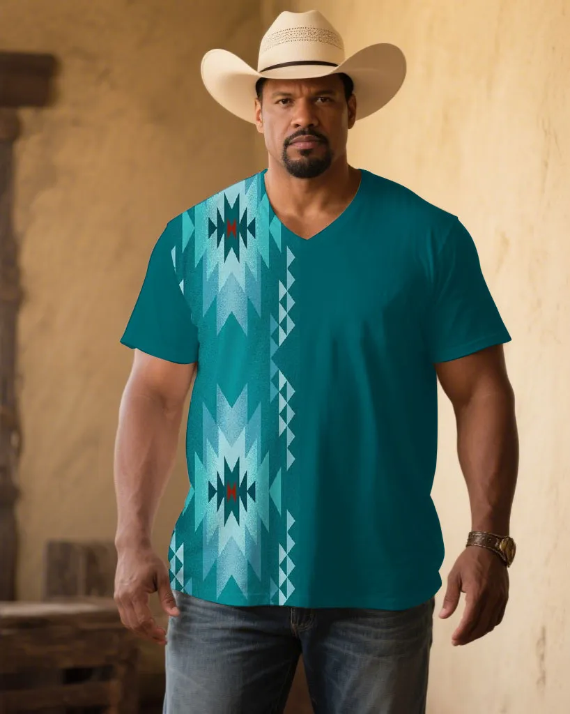 Men's Plus Size Green Western Denim Pattern Color Block V-neck Short Sleeve T-shirt sold by Biggmans