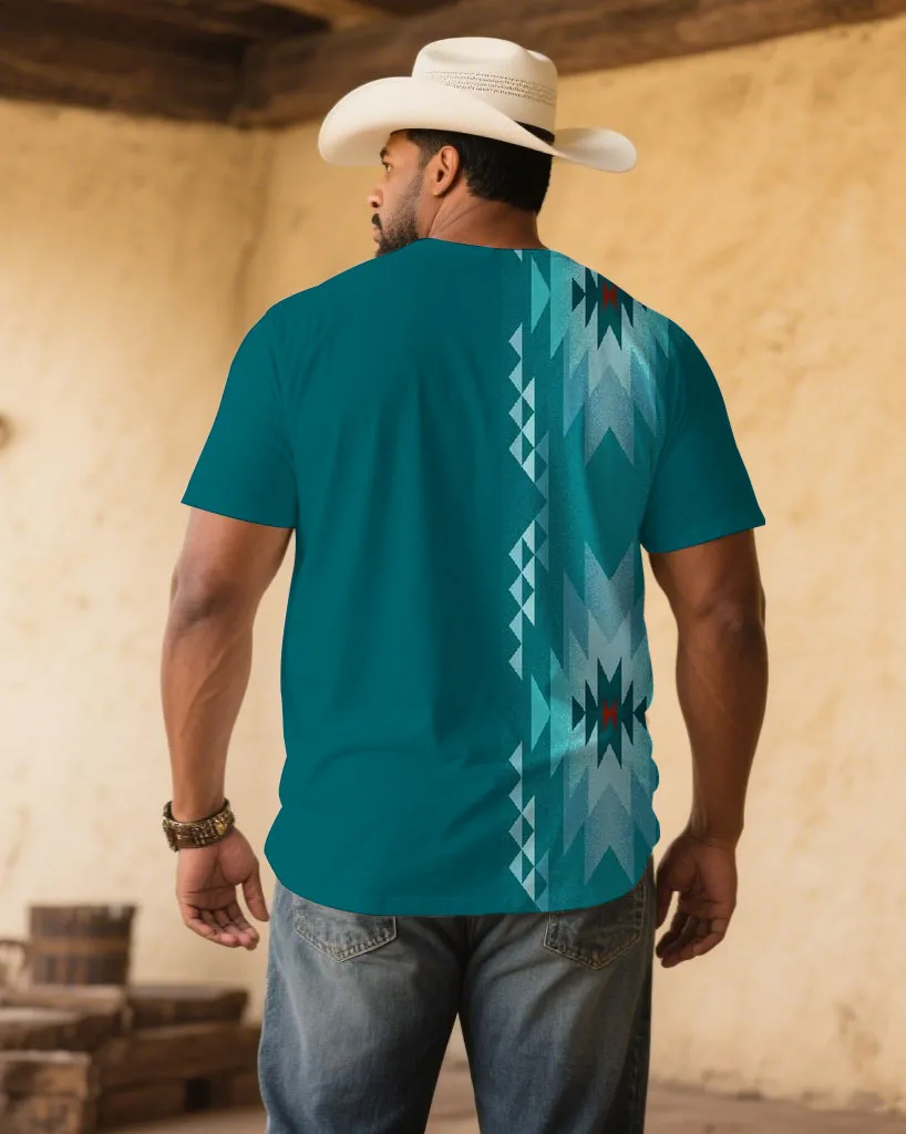 Men's Plus Size Green Western Denim Pattern Color Block V-neck Short Sleeve T-shirt sold by Biggmans product image thumbnail 2