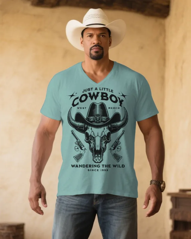 Men's Plus Size Lake Green Western Denim Pattern Corsage V-Neck Short Sleeve Tee sold by Biggmans