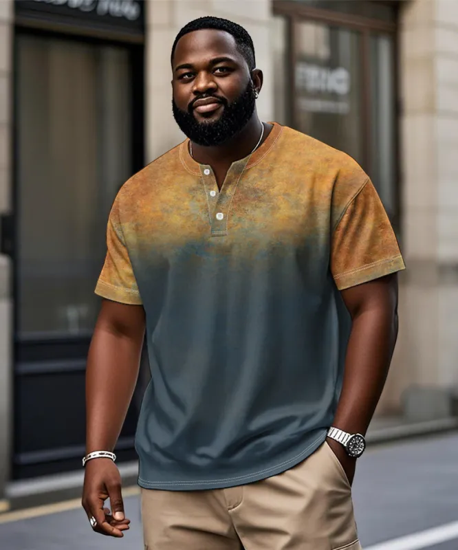 Men's Plus Size Daily Casual Yellow Blue Gradient Print Henry Collar Button Short Sleeve T-Shirt sold by Biggmans