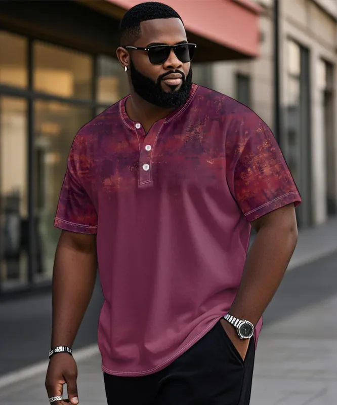 Men's Plus Size Daily Casual Rose Red Gradient Print Henry Collar Button Short Sleeve T-Shirt sold by Biggmans