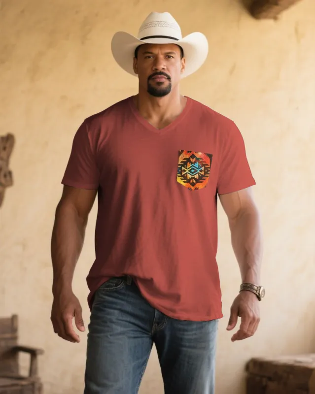 Men's Plus Size Retro Red Western Chest Patch Pocket Printed V-Neck Short Sleeve Tee sold by Biggmans