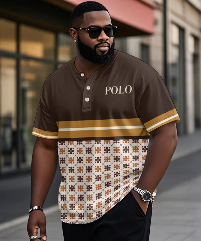 Men's Plus Size Daily Casual Brown Striped Alphabet Print Henry Collar Button Short Sleeve Tee sold by Biggmans