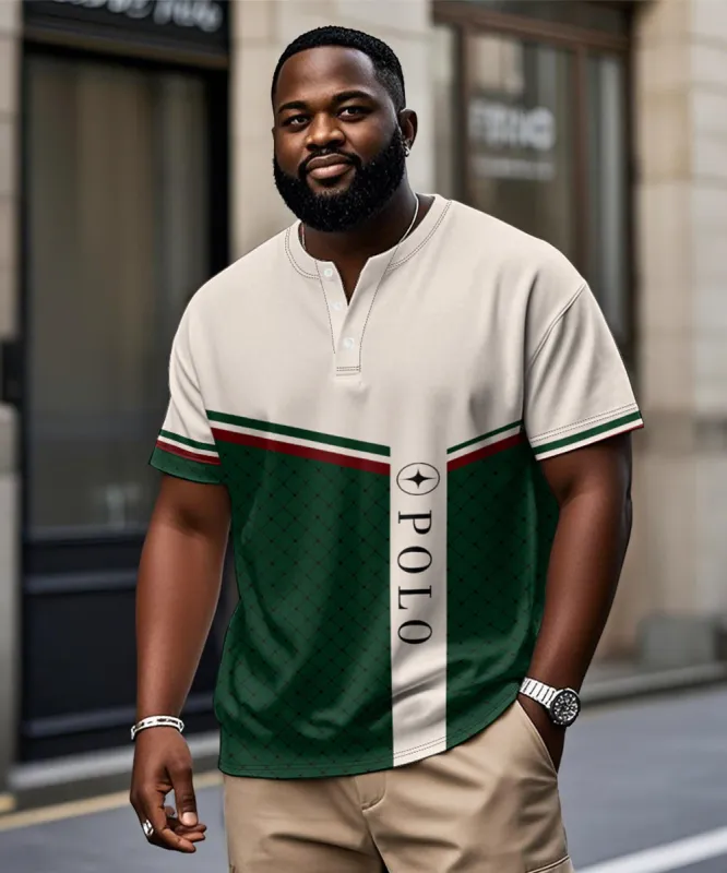 Men's Plus Size Daily Casual Green Stripe Alphabet Print Henry Collar Button Short Sleeve T-Shirt sold by Biggmans