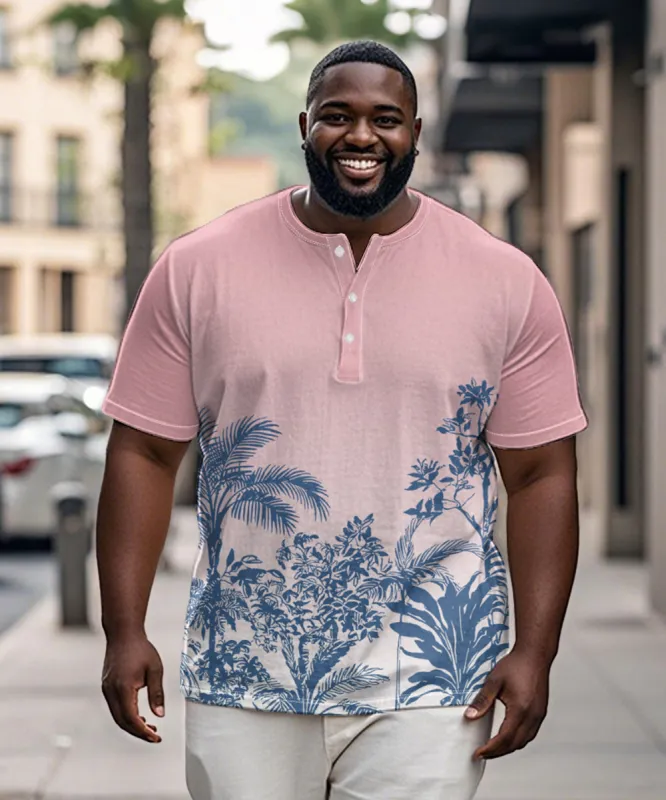 Men's Plus Size Daily Casual Pink Gradient Coconut Tree Print Henry Collar Button Short Sleeve T-Shirt sold by Biggmans