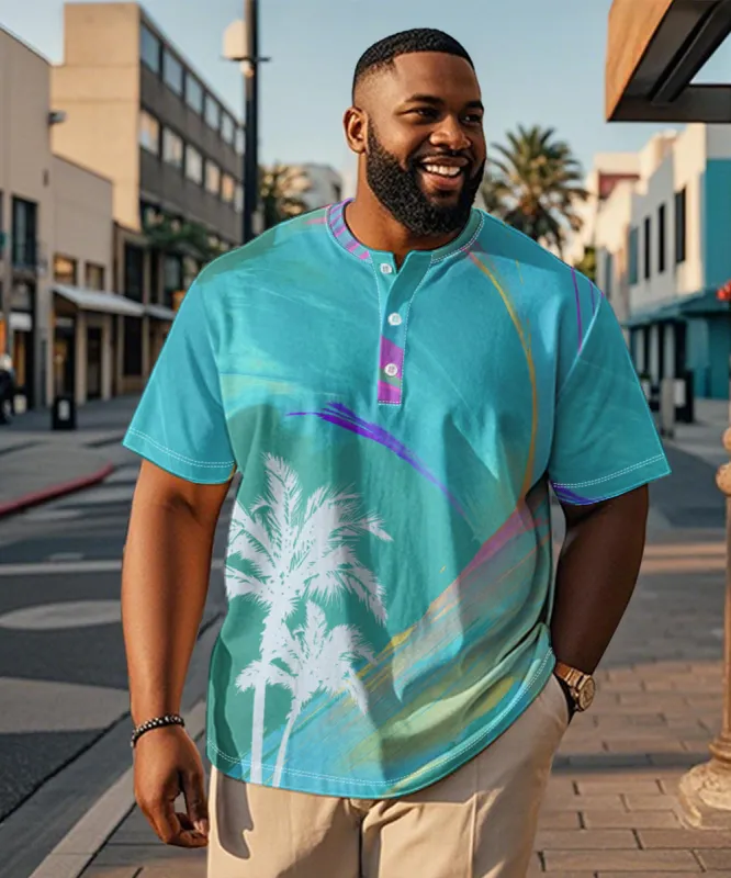 Men's Plus Size Daily Casual Blue Gradient Coconut Tree Print Henry Collar Button Short Sleeve T-Shirt sold by Biggmans