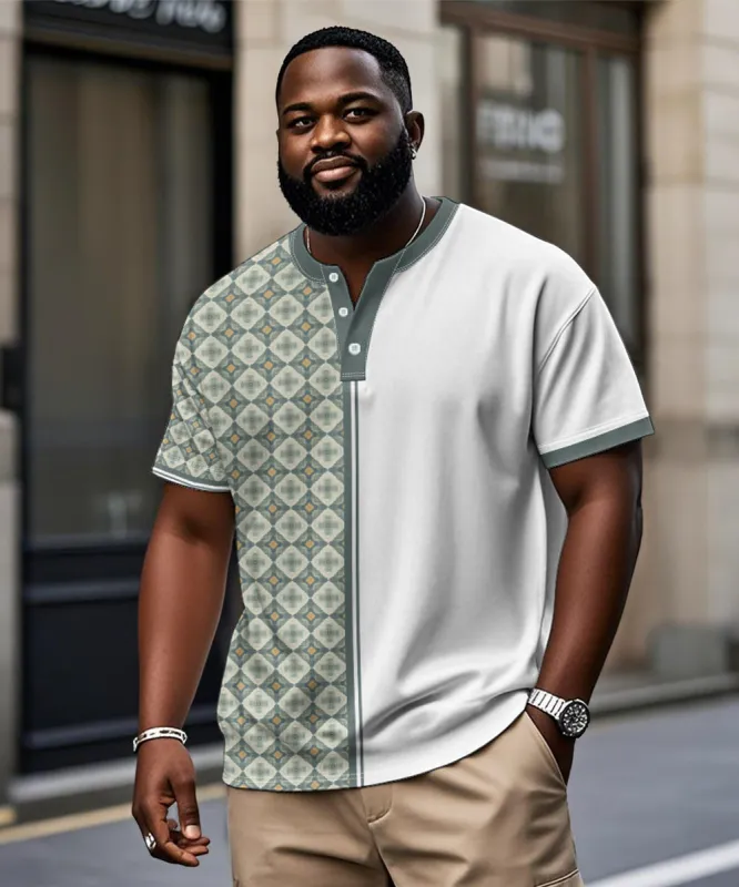 Men's Plus Size Daily Casual Green Stitching Diamond Print Henry Collar Button Short Sleeve T-Shirt sold by Biggmans