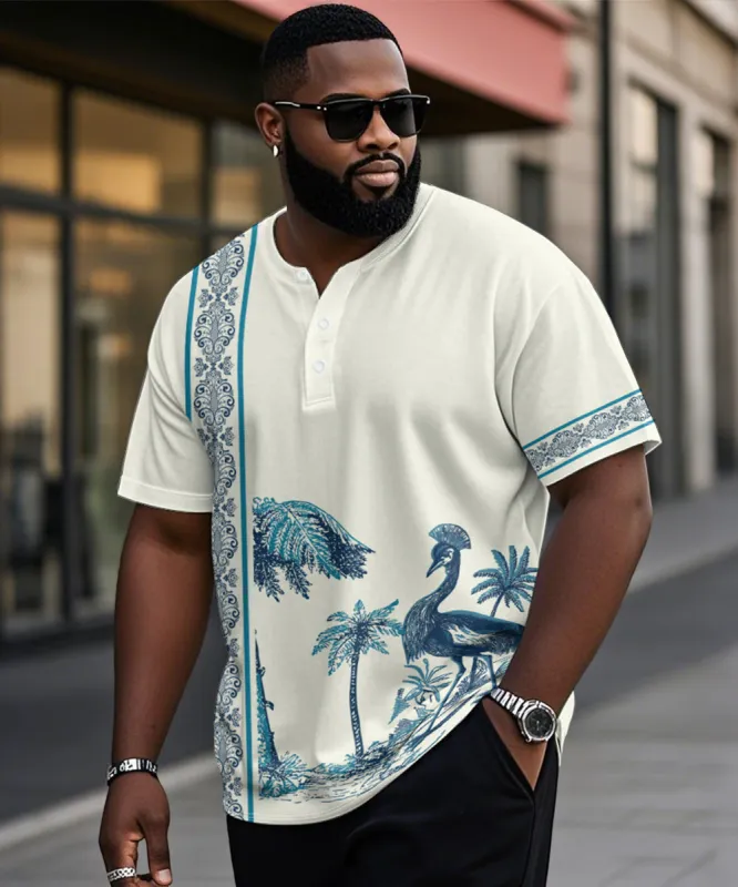 Men's Plus Size Hawaiian Blue Peacock Print Henry Collar Button Short Sleeve Tee sold by Biggmans