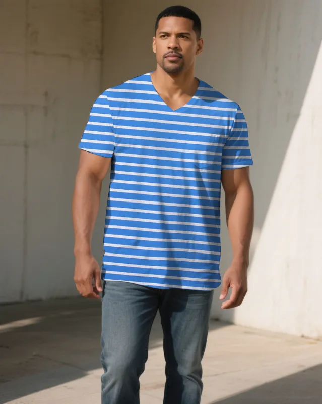 Men's Plus Size Blue And White Striped Cotton-blend V-neck Short Sleeve T-shirt made by Biggmans