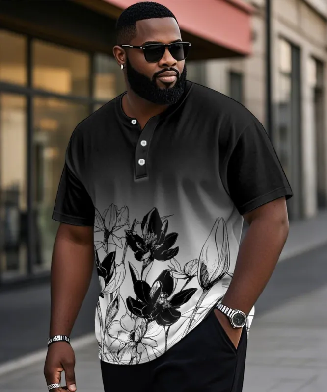 Men's Plus Size Black And White Gradient Floral Print Henry Collar Button Short Sleeve T-shirt sold by Biggmans