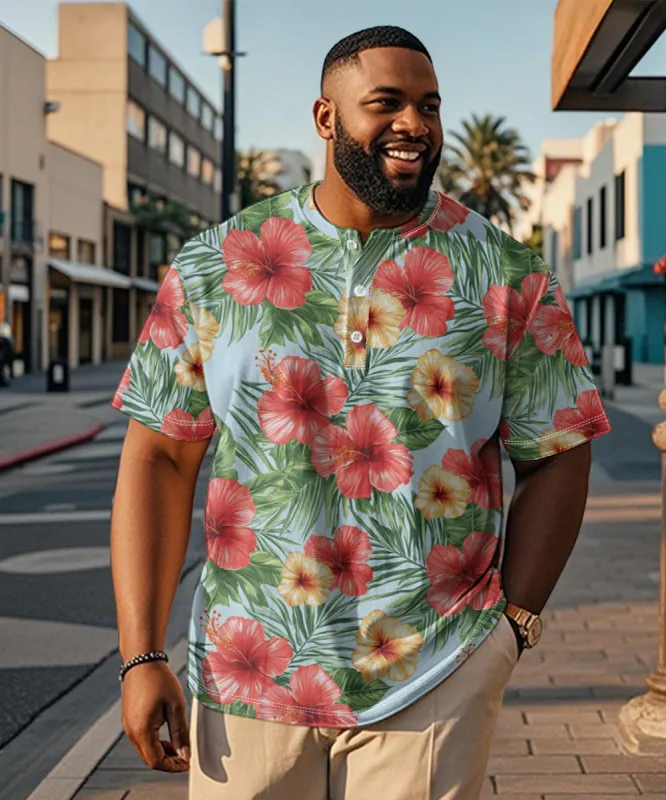 Men's Plus Size Hawaiian Blue Floral Print Henry Collar Button Short Sleeve Tee sold by Biggmans