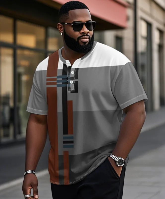 Men's Plus Size Gray Striped Geometric Print Henry Collar Button Short Sleeve T-shirt sold by Biggmans