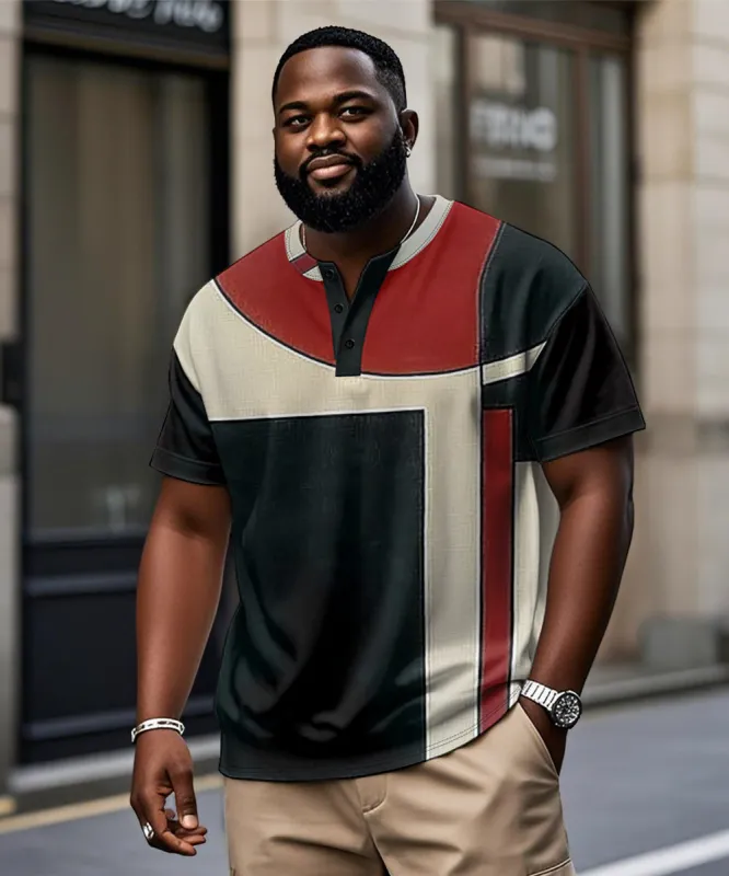 Men's Plus Size Black And Red Geometric Print Henry Collar Button Short Sleeve T-shirt sold by Biggmans