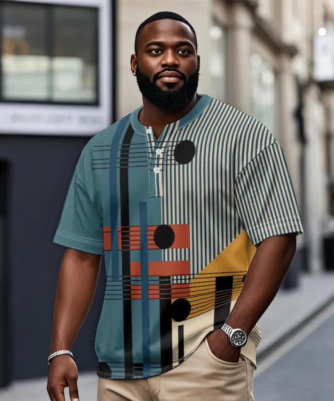 Big & Tall Men's Blue Colorblock Geometric Stripe Printed Henry Collar Button Short Sleeve Tee sold by Biggmans