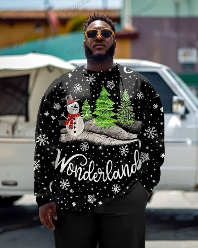 Merry Christmas Snowman Print Men's Plus Size Long Sleeve T-Shirt sold by Biggmans
