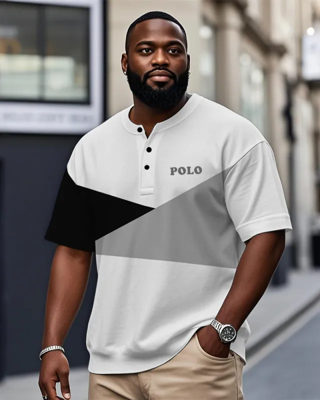 Men's Plus Size Daily Casual Black And Grey Colorblock Alphabet Print Henry Collar Button Short Sleeve T-Shirt sold by Biggmans