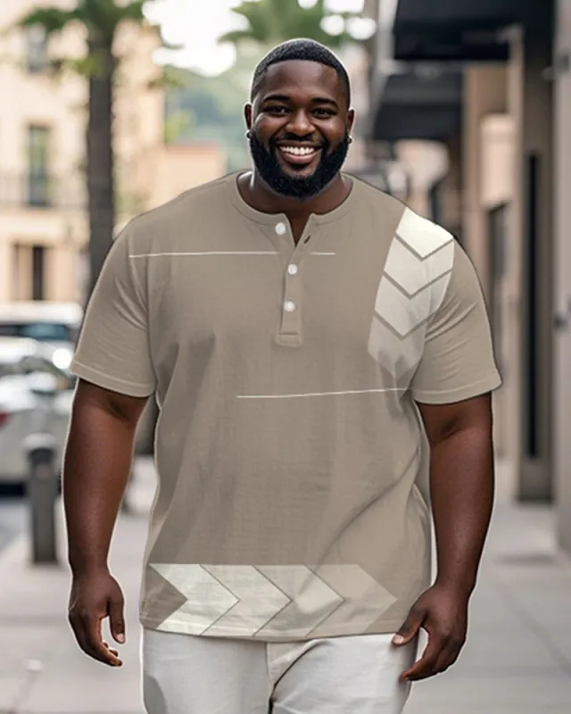 Men's Plus Size Daily Casual Khachi Geometric Print Henry Collar Button Short Sleeve T-Shirt sold by Biggmans