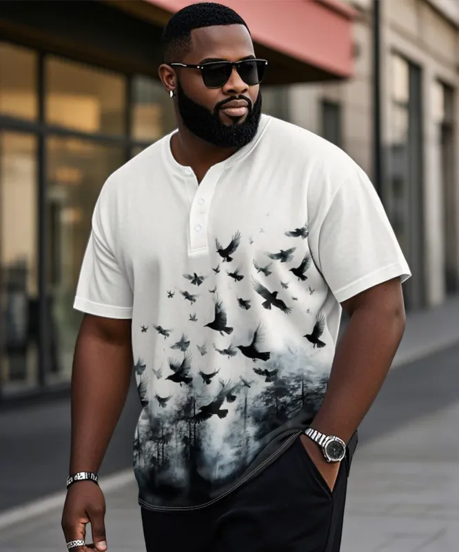 Men's Plus Size Daily Casual Gradient Forest Bird Print Henley Collar Button Short Sleeve T-Shirt sold by Biggmans