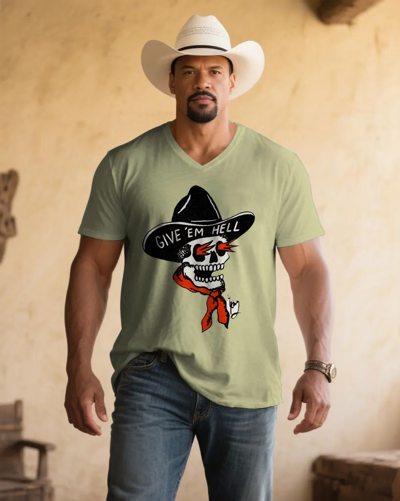 Men's Plus Size Blue Khaki Western Denim Skull Print V-Neck Short Sleeve Tee sold by Biggmans