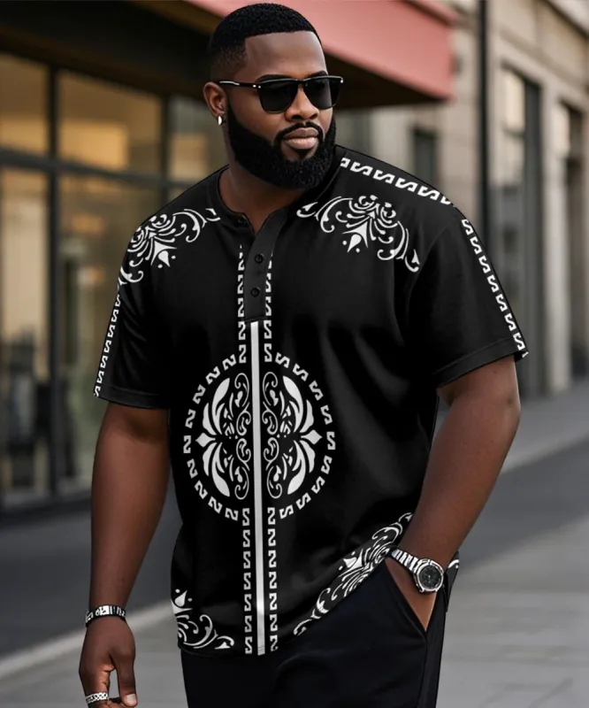 Men's Plus Size Casual Daily Black Vintage Pattern Printed Henry Collar Button Short Sleeve T-Shirt sold by Biggmans