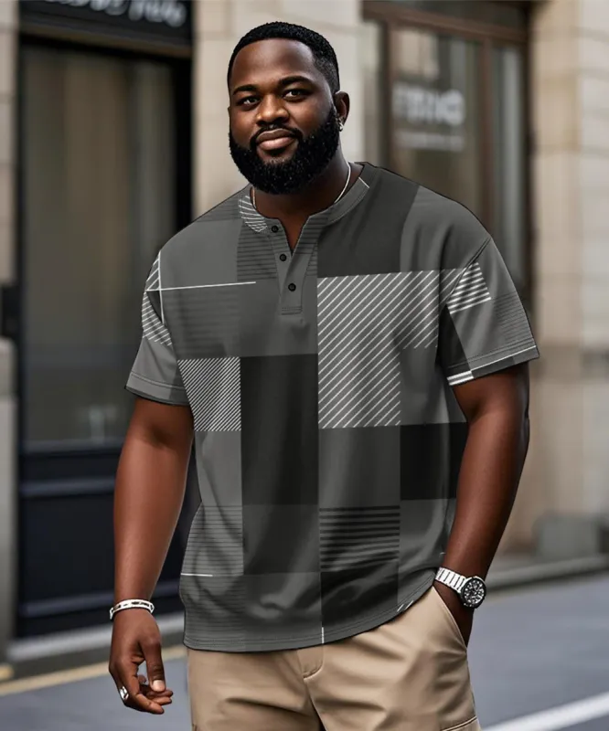 Men's Plus Size Gray Geometric Print Henry Collar Button Short Sleeve T-shirt sold by Biggmans