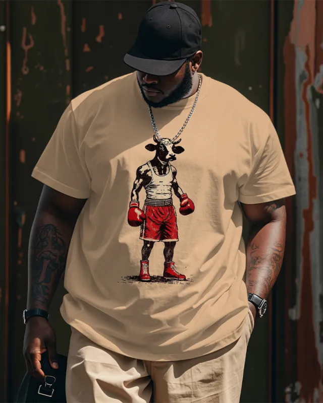 Big & Tall Men's Street Fashion Boxing Cow Graffiti Print Round Neck Short Sleeve T-Shirt sold by Biggmans