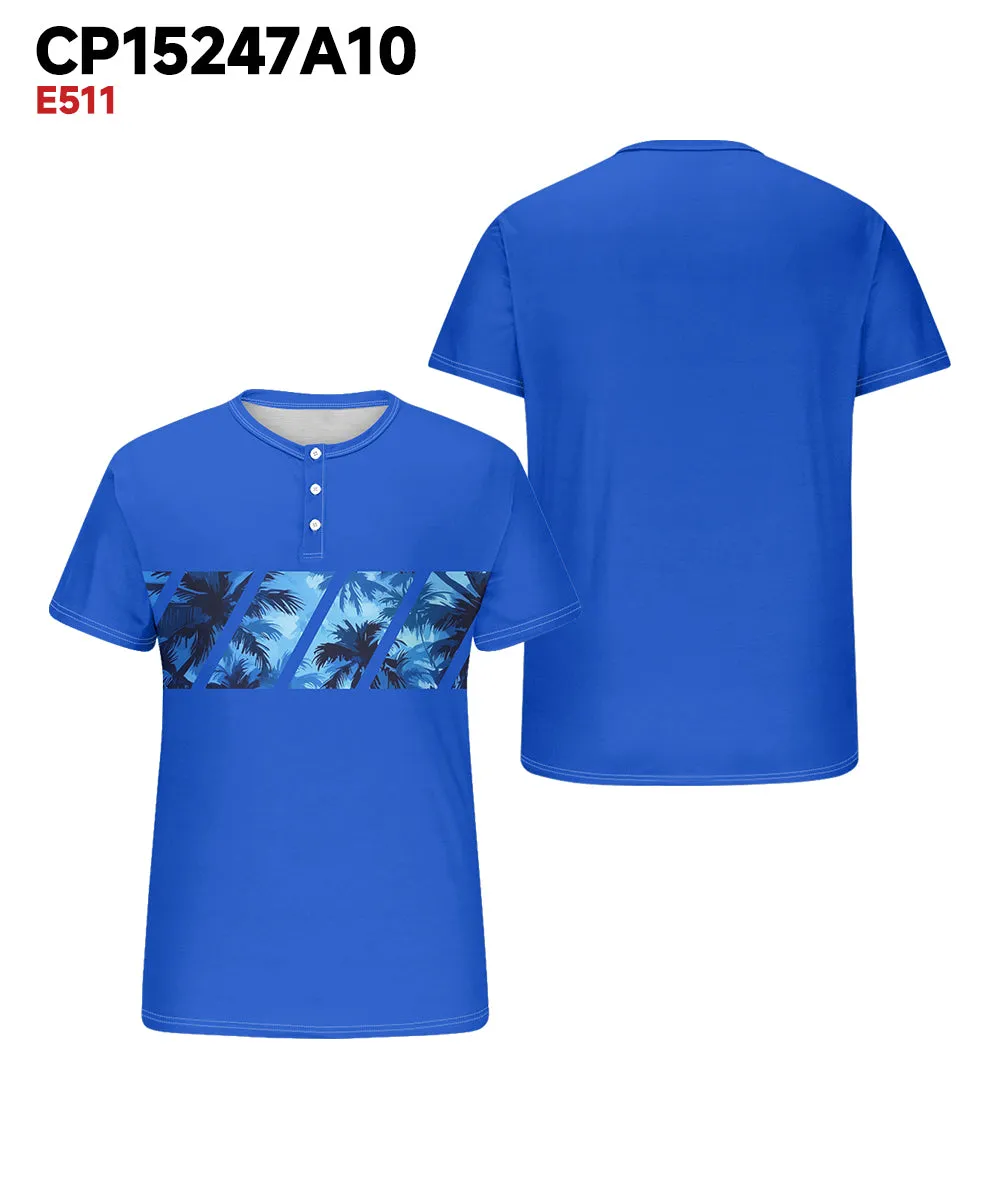 Big & Tall Men's Hawaiian Blue Patchwork Coconut Tree Print Henry Collar Button Short Sleeve T-Shirt sold by Biggmans product image thumbnail 3