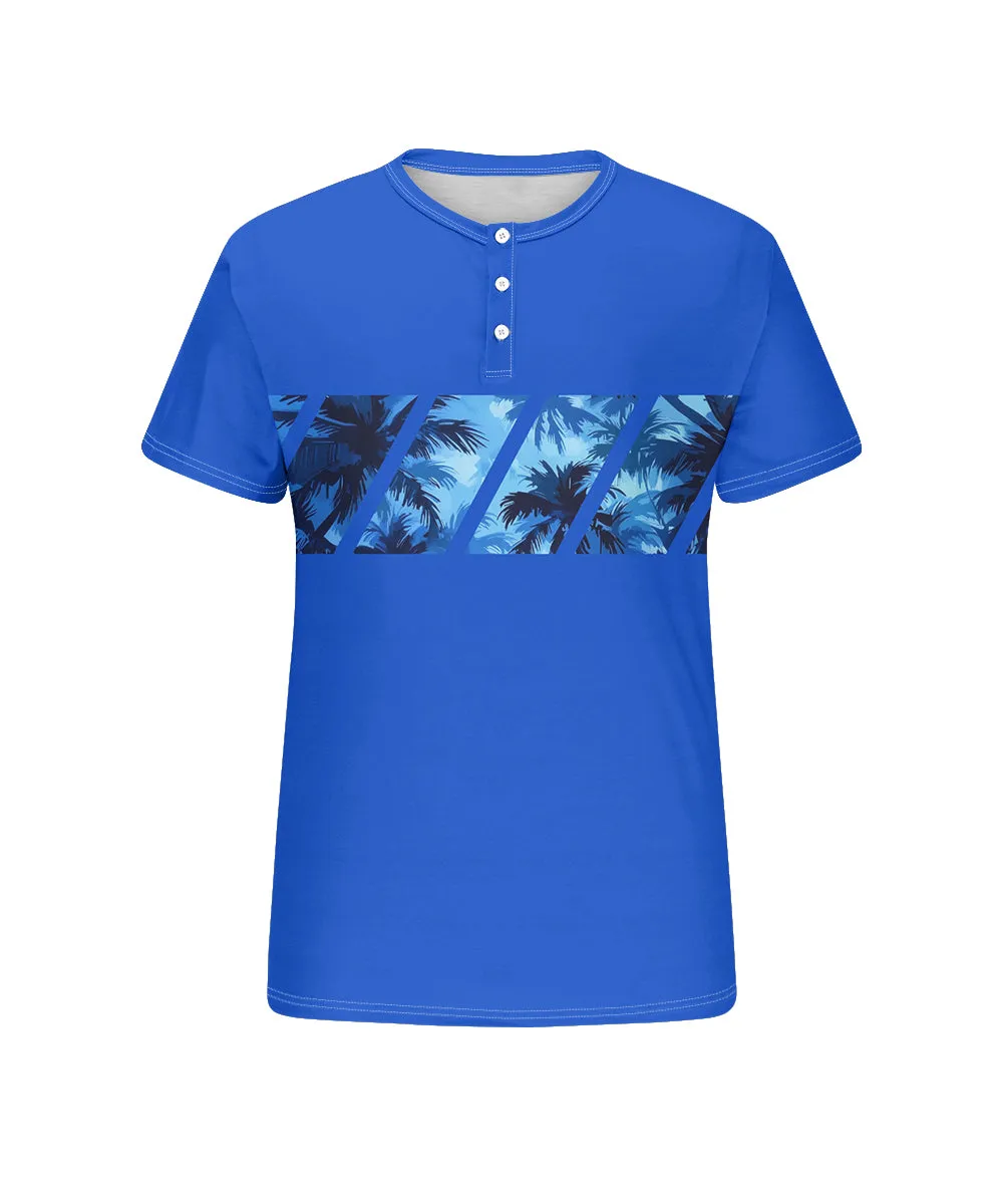 Big & Tall Men's Hawaiian Blue Patchwork Coconut Tree Print Henry Collar Button Short Sleeve T-Shirt sold by Biggmans product image thumbnail 4