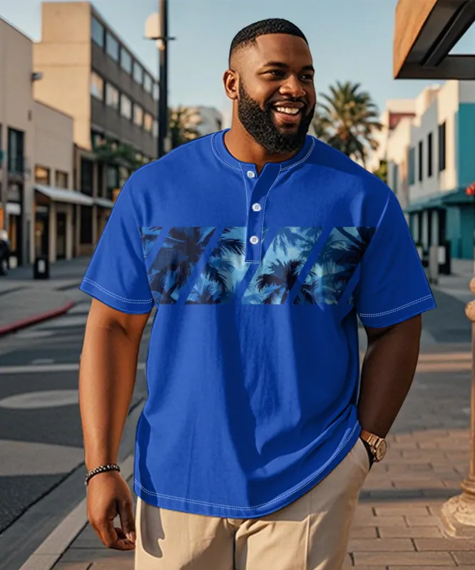 Big & Tall Men's Hawaiian Blue Patchwork Coconut Tree Print Henry Collar Button Short Sleeve T-Shirt sold by Biggmans