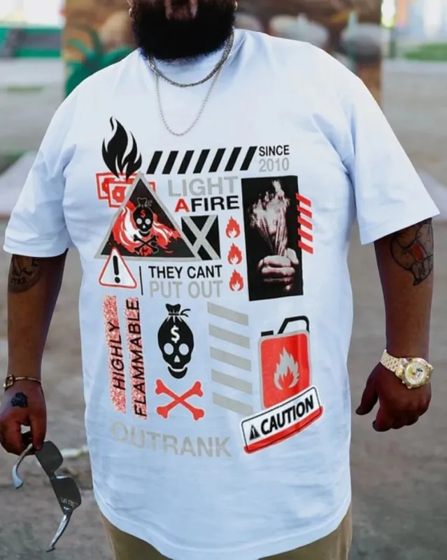 Plus Size White Caution T-Shirt sold by Biggmans