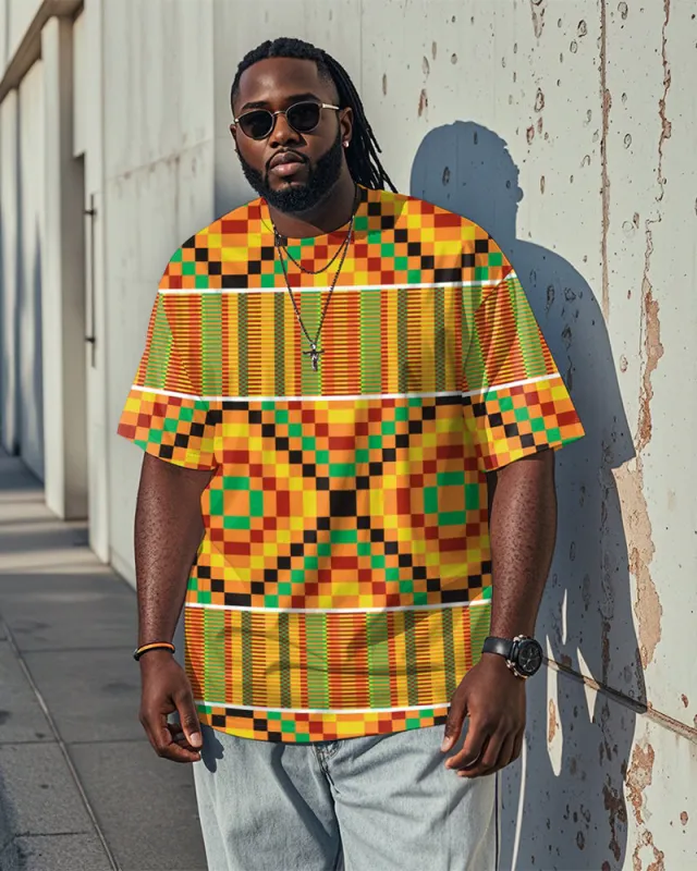 Men's Plus Size African Ethnic Style Yellow Geometric Print Round Neck Short Sleeve T-Shirt sold by Biggmans