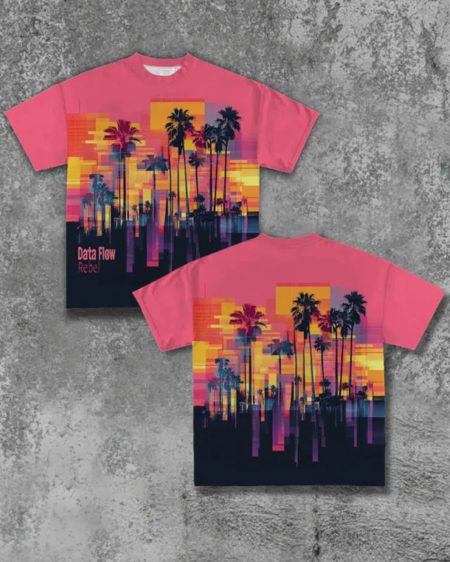 Men's Plus Size Street Fashion Neon Color Block Palm Tree Silhouette Print Round Neck Short Sleeve T-Shirt sold by Biggmans