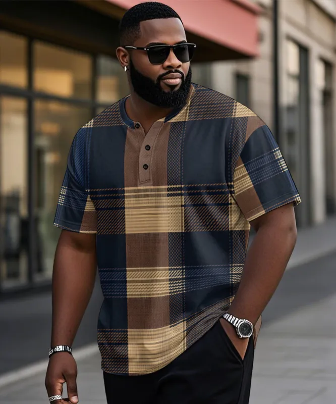 Men's Plus Size Casual Daily Retro Blue Plaid Print Henry Collar Button Short Sleeve T-Shirt sold by Biggmans