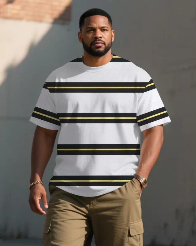 Men's Plus Size Casual White Striped Loose Round Neck Short Sleeve T-shirt sold by Biggmans
