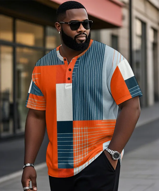 Big & Tall Men's Orange Stripe Geometric Print Henley Collar Button Short Sleeve Tee sold by Biggmans