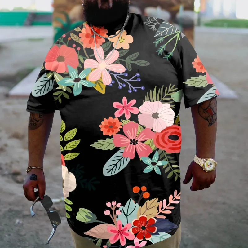 Black Plus Size Casual Colorful Floral T-Shirt sold by Biggmans