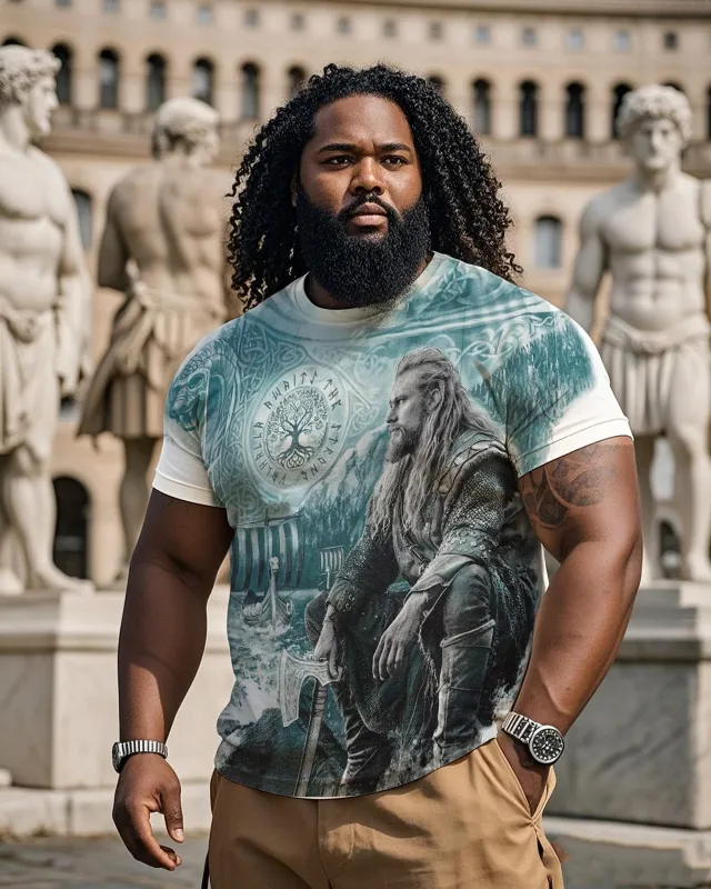 White T-shirt With A Viking Warrior Print In A Traditional Nordic Warrior Costume sold by Biggmans